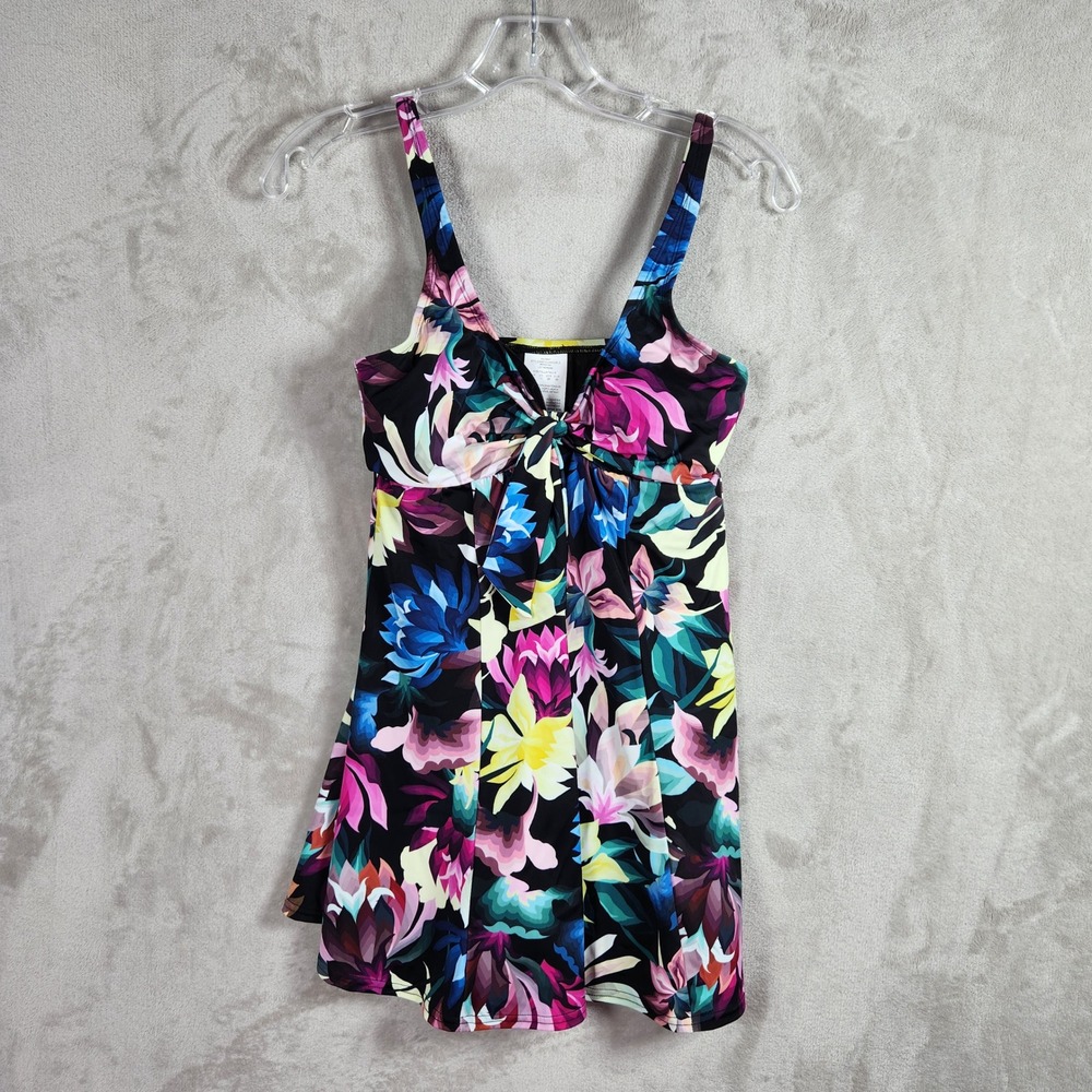 Swim Solutions Womens Bow Front Swim Dress Black Floral One Piece Swimsuit 8 NEW - Picture 1 of 7
